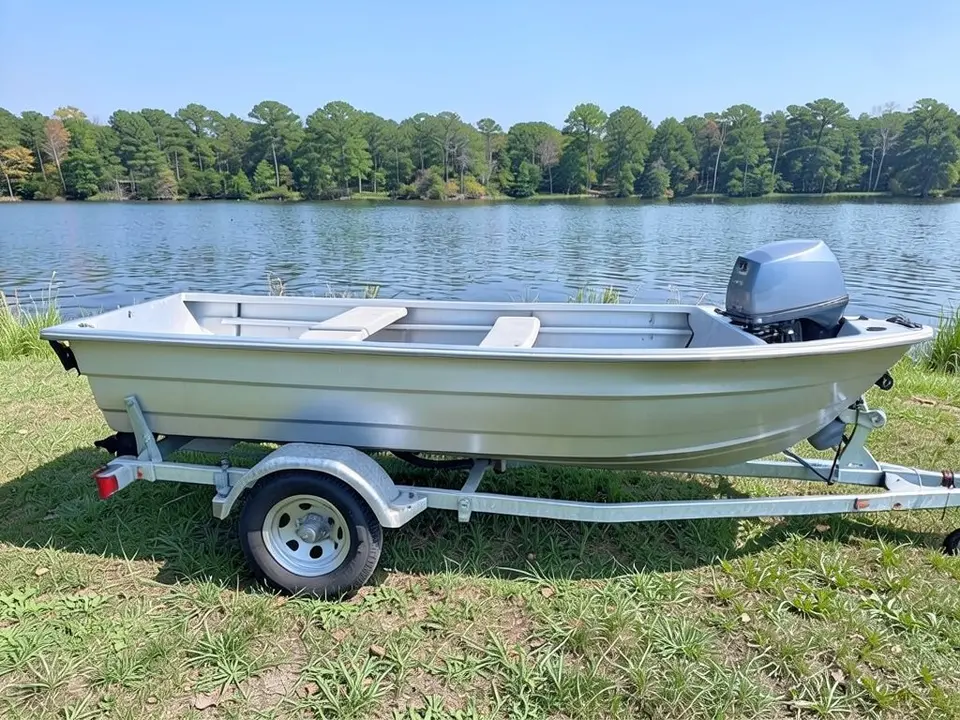 AI-drawn sample: a plain aluminum fishing boat with an outboard motor on a trailer on grass beside a lake