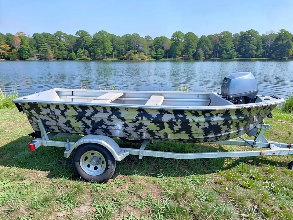 AI-drawn sample: the same fishing boat with a gray, black and olive camouflage hull