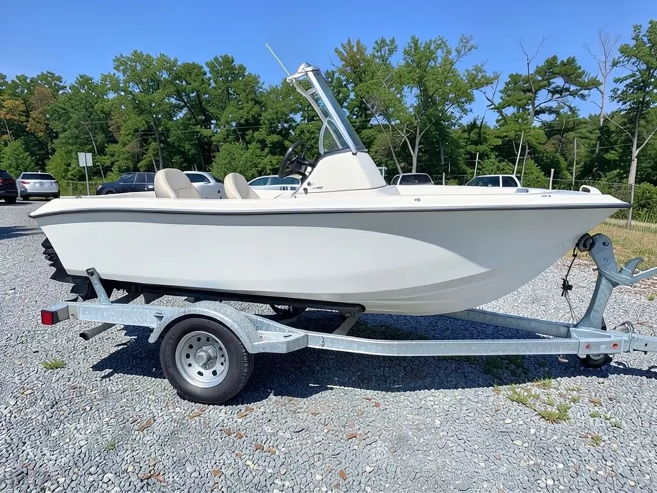 AI-drawn sample: a plain white small center console boat on a trailer in a gravel lot, seen from the side