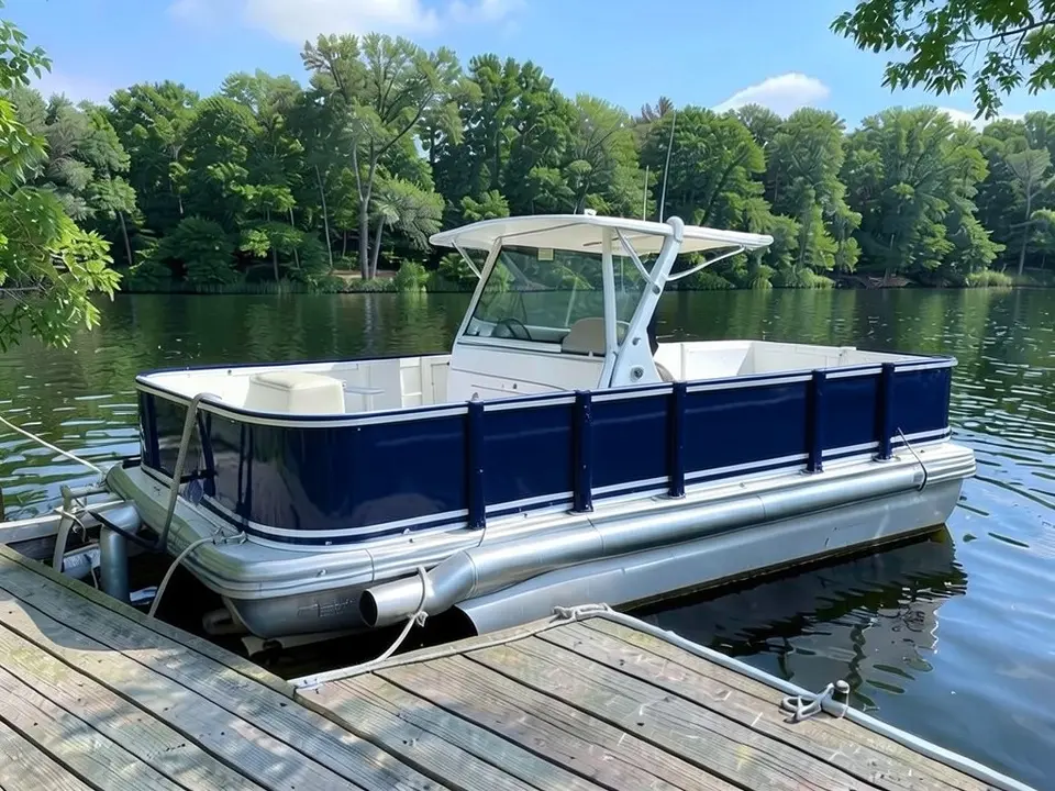 AI-generated sample: a white pontoon boat with navy blue fence panels