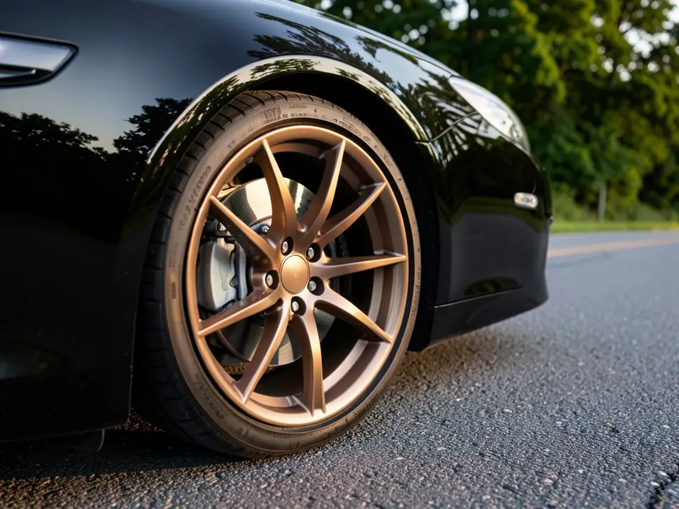 AI-generated sample: front wheel of a black sedan with satin bronze thin-spoke wheels and a silver brake caliper with a small blue fitting on top