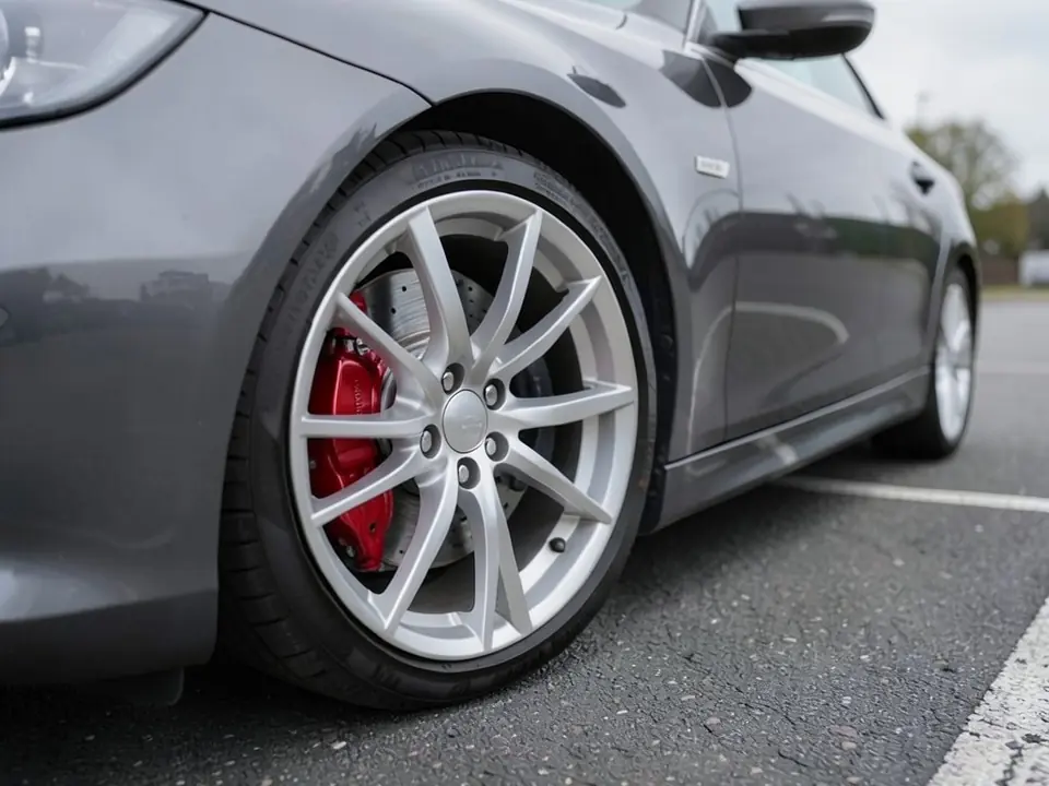 AI-generated sample: the same wheel with the brake caliper changed to glossy red, wheels and tire still silver and black
