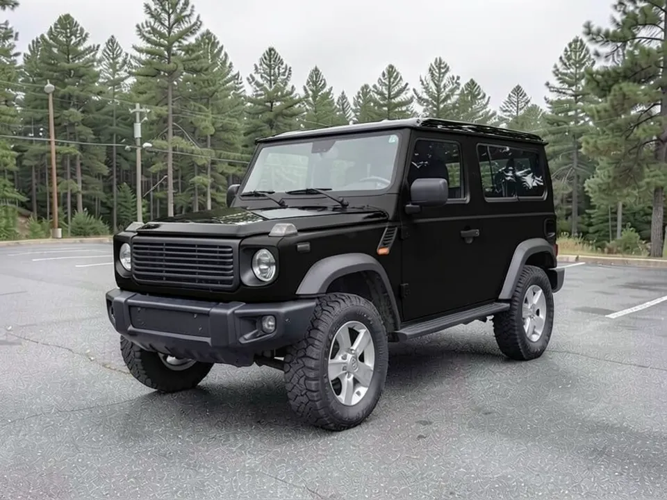 AI-generated stand-in: the same SUV in flat black with a black roof, a shinier hood, gray flares and silver wheels