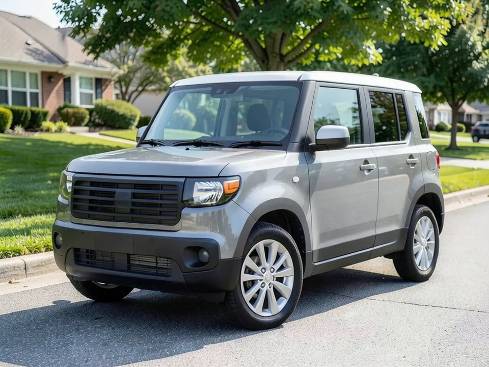 AI-generated stand-in: a gray boxy compact SUV with a white roof, black lower trim and silver wheels parked on a suburban street