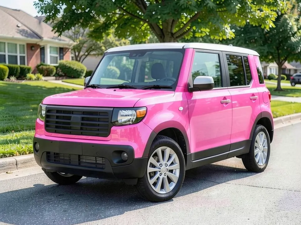 AI-generated stand-in: the same compact SUV in a bright gloss pink wrap, with the white roof, black lower trim and silver wheels unchanged