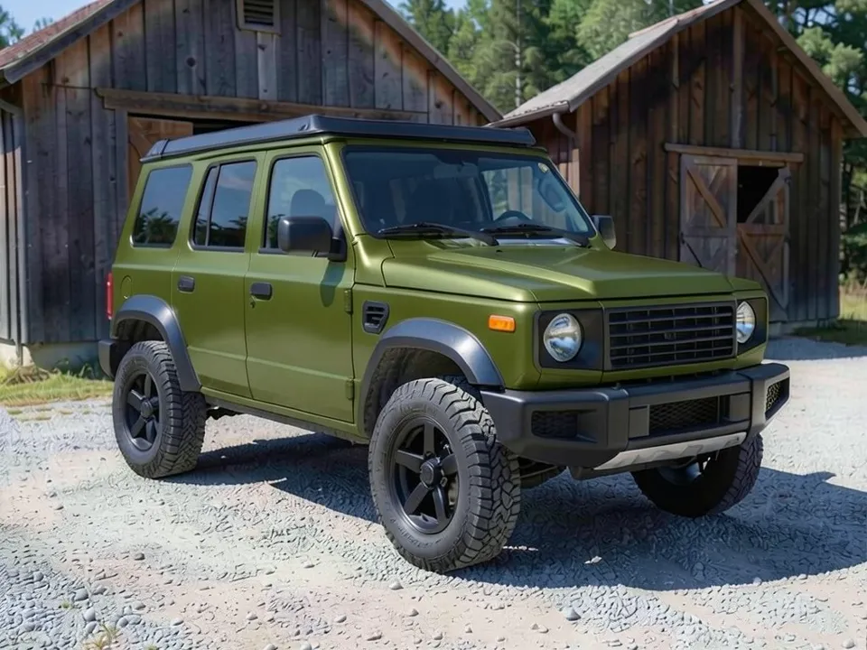AI-generated sample: a white 4-door SUV in a satin olive wrap