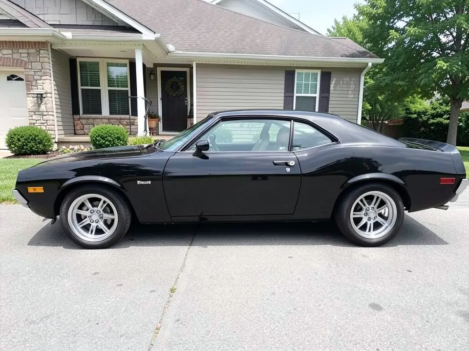AI-drawn sample: a black generic retro two-door coupe stand-in, side-on, on silver multi-spoke wheels, parked in a driveway in front of a house