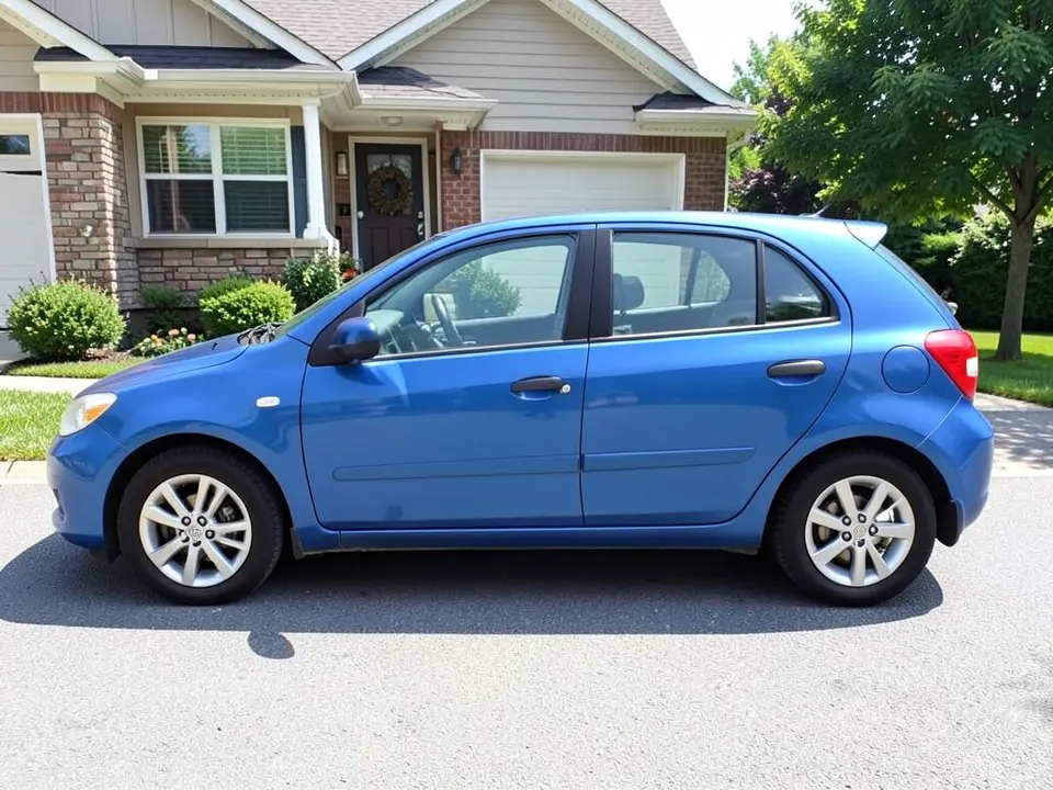 AI-drawn sample: a blue generic compact hatchback stand-in, side-on, on silver wheels parked in a driveway in front of a house