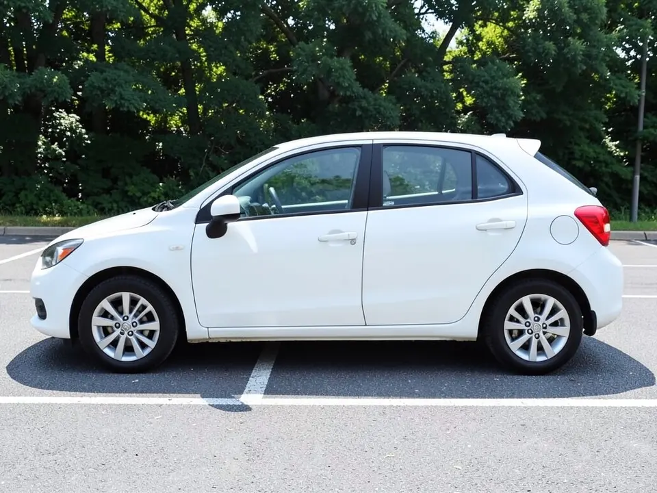 AI-drawn sample: a white generic compact hatchback stand-in, side-on, on silver wheels parked in a parking lot in front of trees