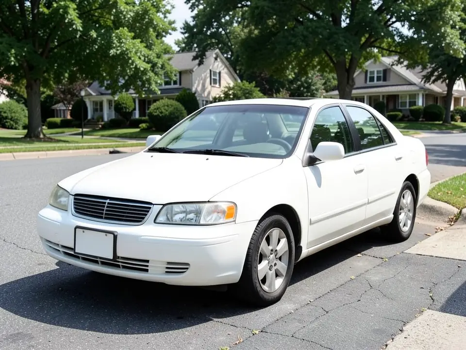 AI-drawn sample: a plain white generic sedan parked at the curb of a suburban street, seen from the front left corner