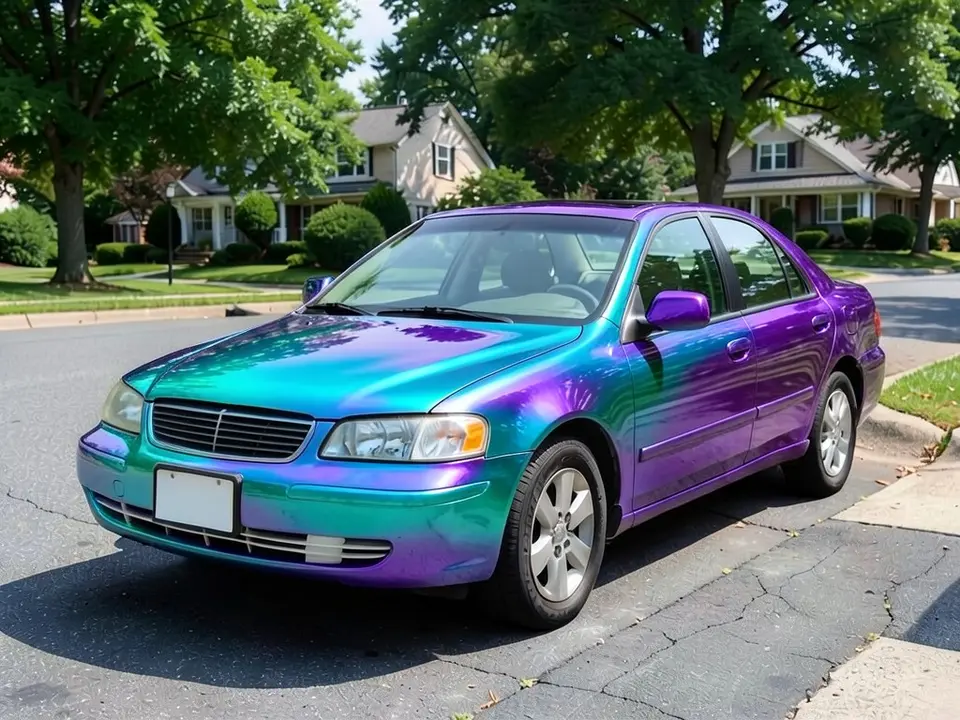 AI-generated sample: a white sedan in a teal and purple color-shift wrap look