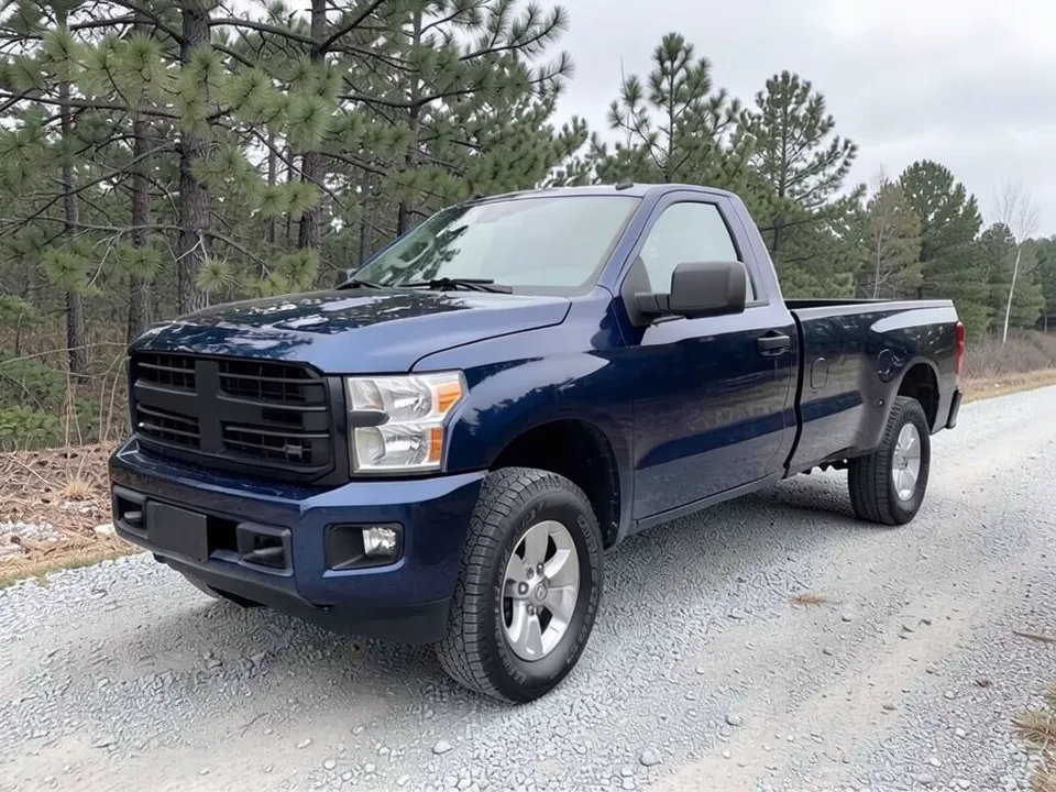 AI-drawn sample: a dark blue generic full-size pickup stand-in, regular cab with a long bed, on silver factory-style wheels, parked on gravel with pine trees behind