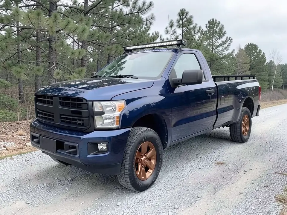 AI-drawn sample: the same pickup with bronze wheels, low black rails over the bed and an LED light bar on a frame above the cab roof