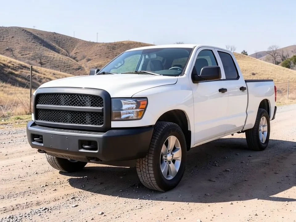 AI-drawn sample: a white generic full-size pickup stand-in, crew cab, with a black plastic front bumper and silver wheels on a dirt lot with dry hills behind