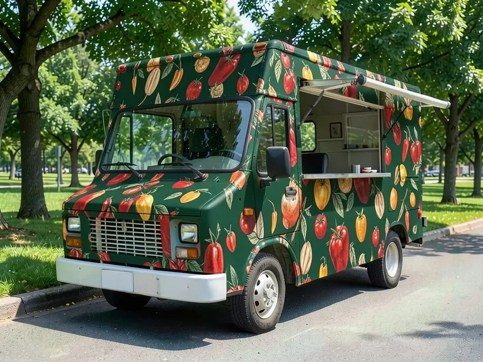 AI-generated sample: a white box food truck wrapped in teal with yellow swirls