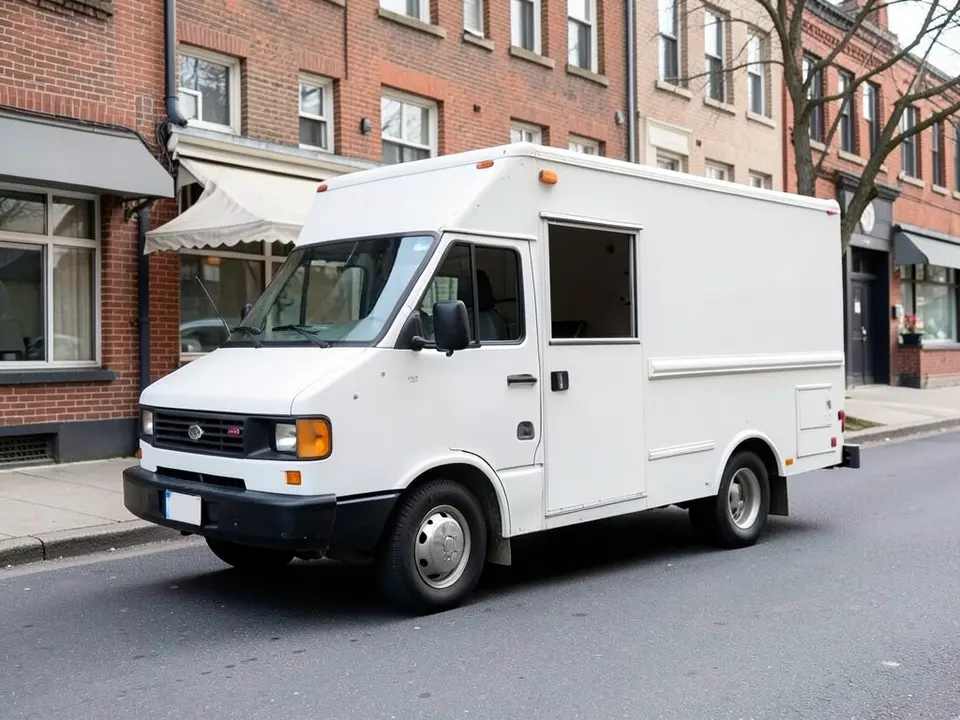 AI-drawn sample: a plain white step-van style food truck with a serving window and awning parked beside a park