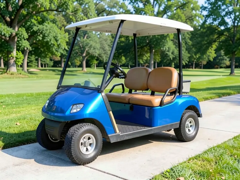 AI-generated sample: the same golf cart with a metallic electric blue body and a white roof, tan seats unchanged