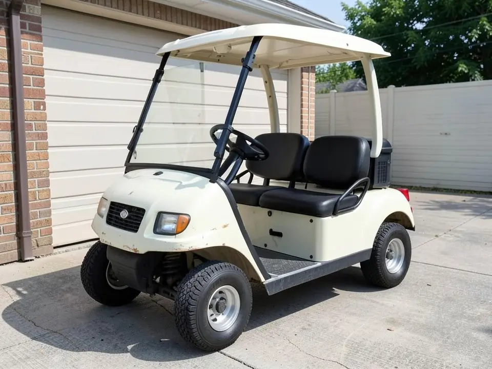 AI-generated sample: a faded off-white two-seat golf cart with a white roof and black seats, parked in a driveway in front of a garage