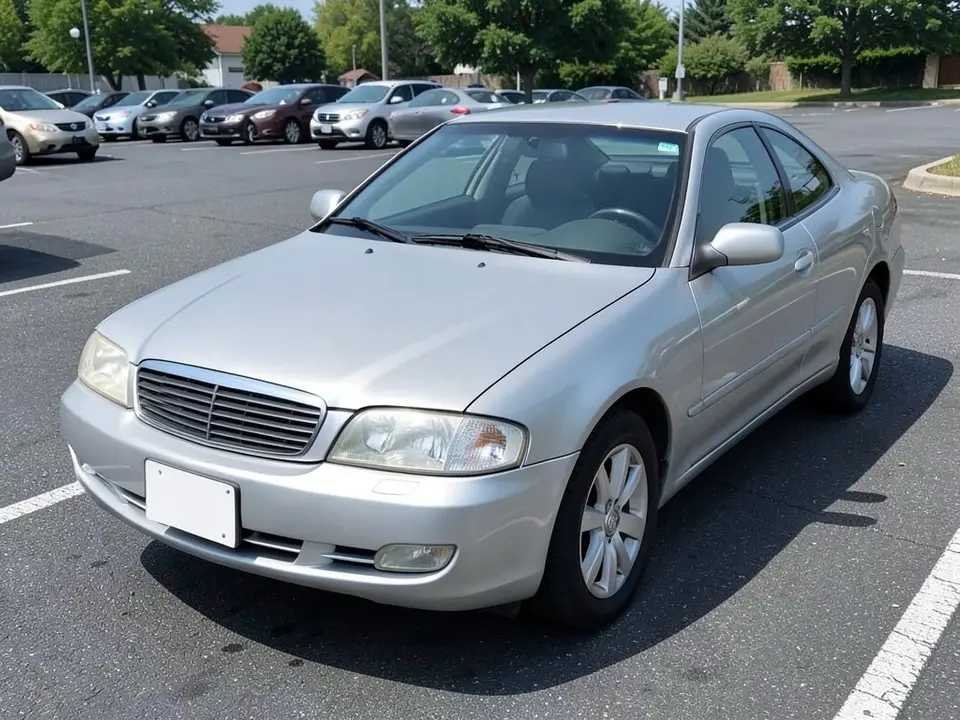 AI-drawn sample: the front of a silver two-door car with clear, slightly yellowed headlights, parked in a parking lot