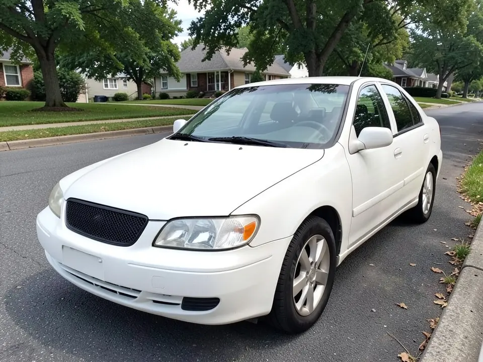 AI-drawn sample: a white four-door sedan seen from the front left corner, parked on a suburban street with houses and trees behind