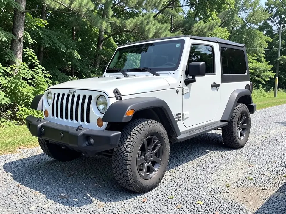AI-drawn sample: a white two-door Wrangler-style SUV with a black hardtop seen from the front left corner, parked on a gravel driveway with trees behind