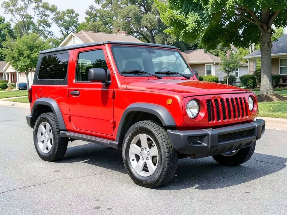 AI-drawn sample: a red two-door Jeep-style SUV with a black top and side steps parked on a suburban street