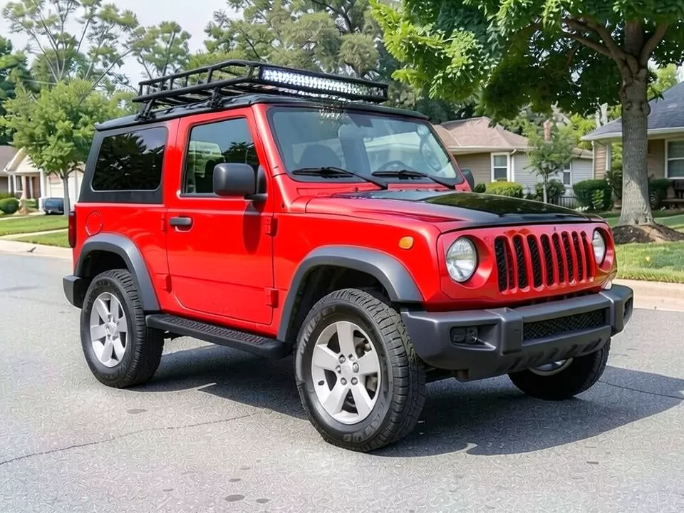 AI-drawn sample: the same SUV with a black roof rack, an LED light bar on its front edge and a black ribbed side step