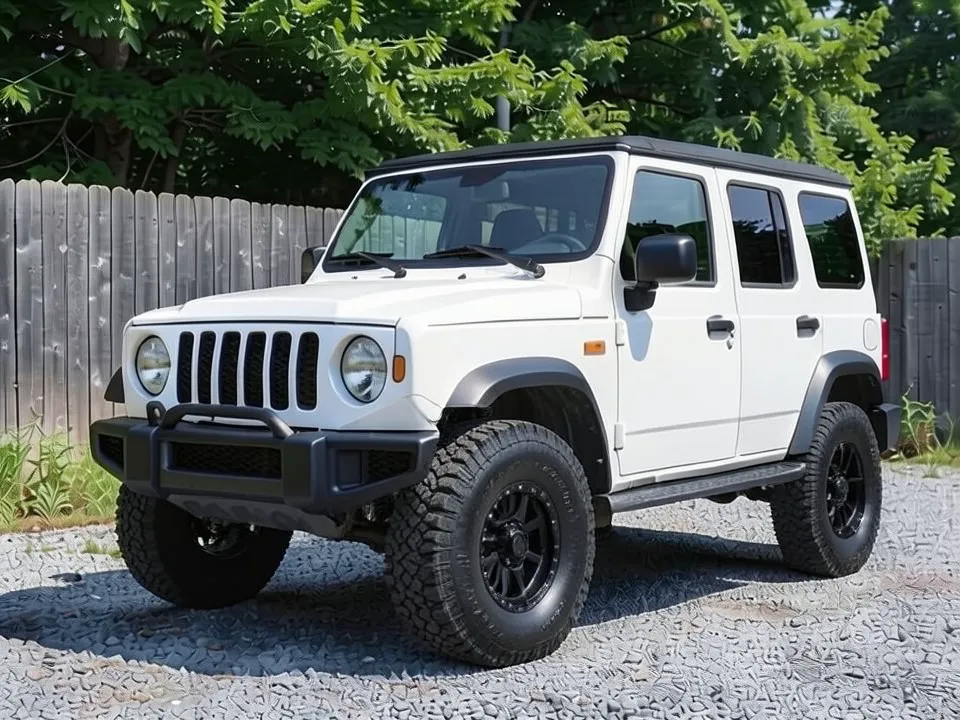 AI-generated sample: a white 4-door Jeep-style SUV with new wheels and tires