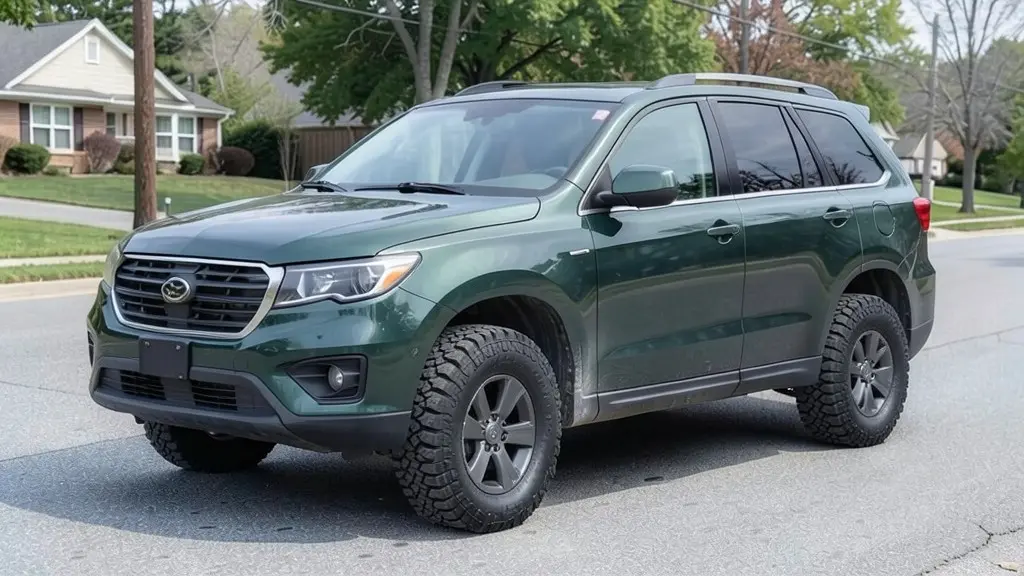 AI-generated sample: the same SUV with a mild lift, dark grey wheels and all-terrain tires