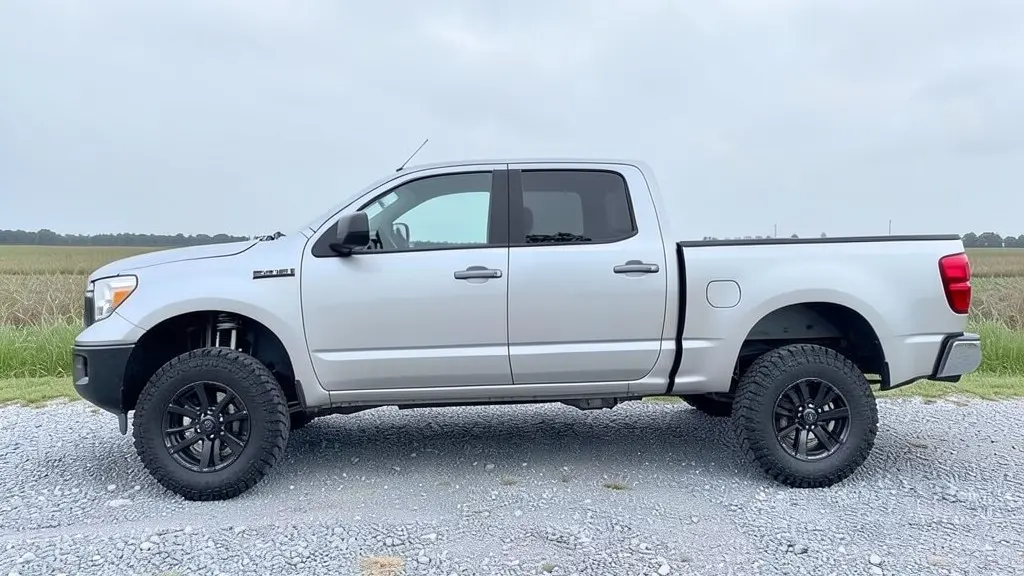 AI-generated sample: the same pickup with a suspension lift, a visible front coilover and chunky mud-terrain tires on similar dark wheels