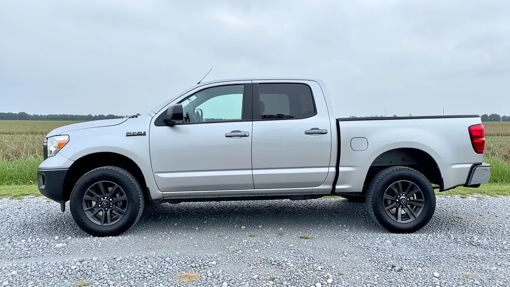 AI-generated sample: stock silver crew cab pickup on a gravel lot, side view, factory height and road tires