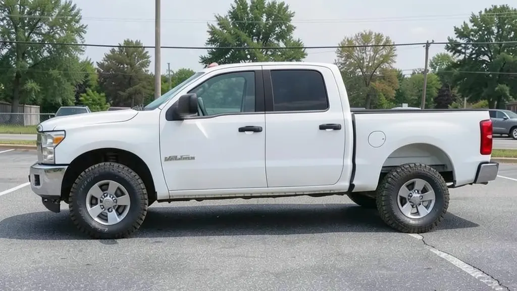 AI-generated sample: the same pickup with a front leveling kit and slightly bigger all-terrain tires on the same silver wheels