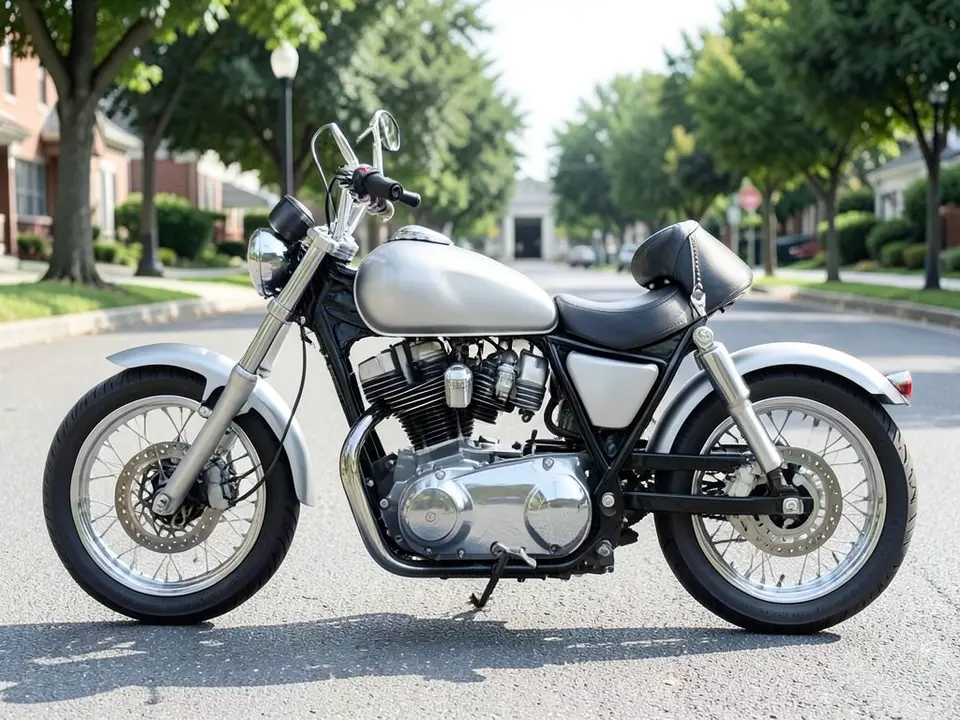 AI-drawn sample: a plain silver cruiser motorcycle with a chrome engine parked on a tree-lined street, seen from the side