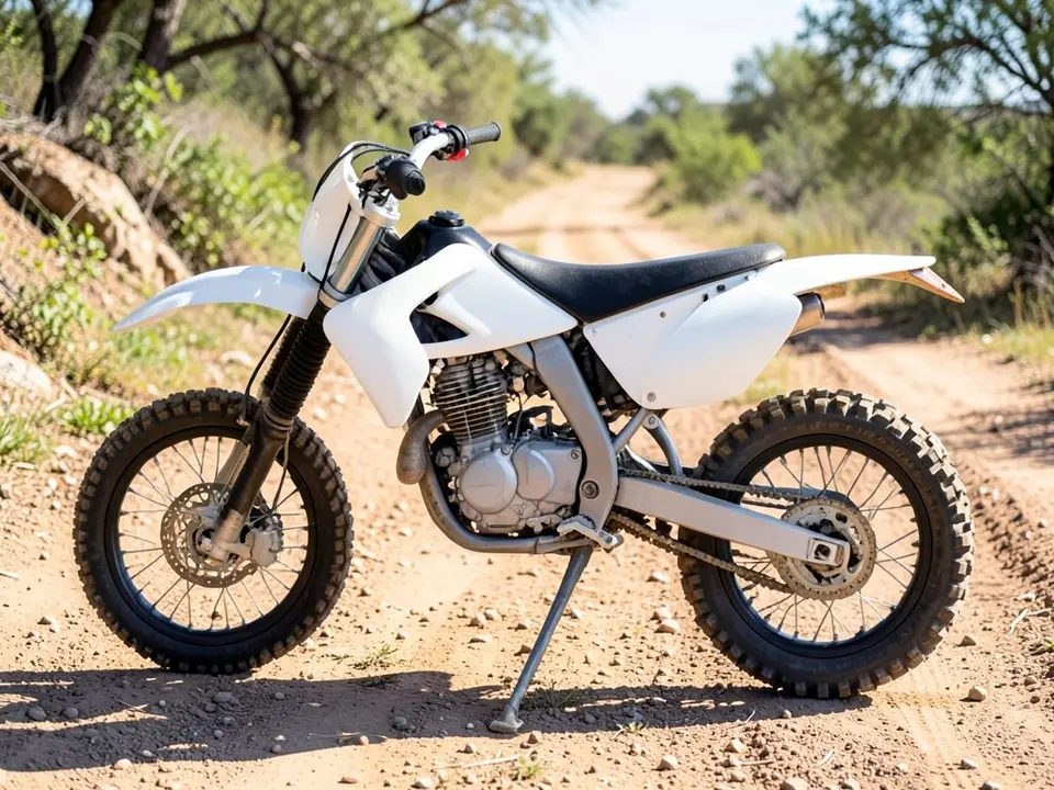 AI-drawn sample: a plain white dirt bike on its stand on a dirt trail with bushes behind, seen from the side