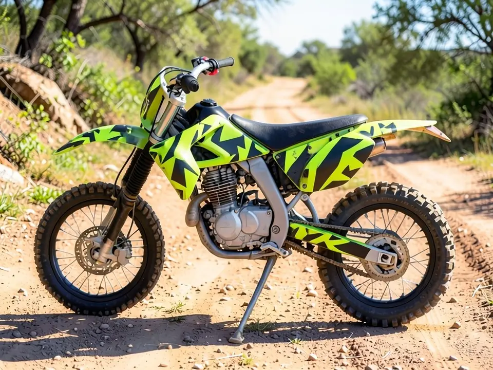 AI-drawn sample: the same dirt bike with lime green and black graphics on the plastics