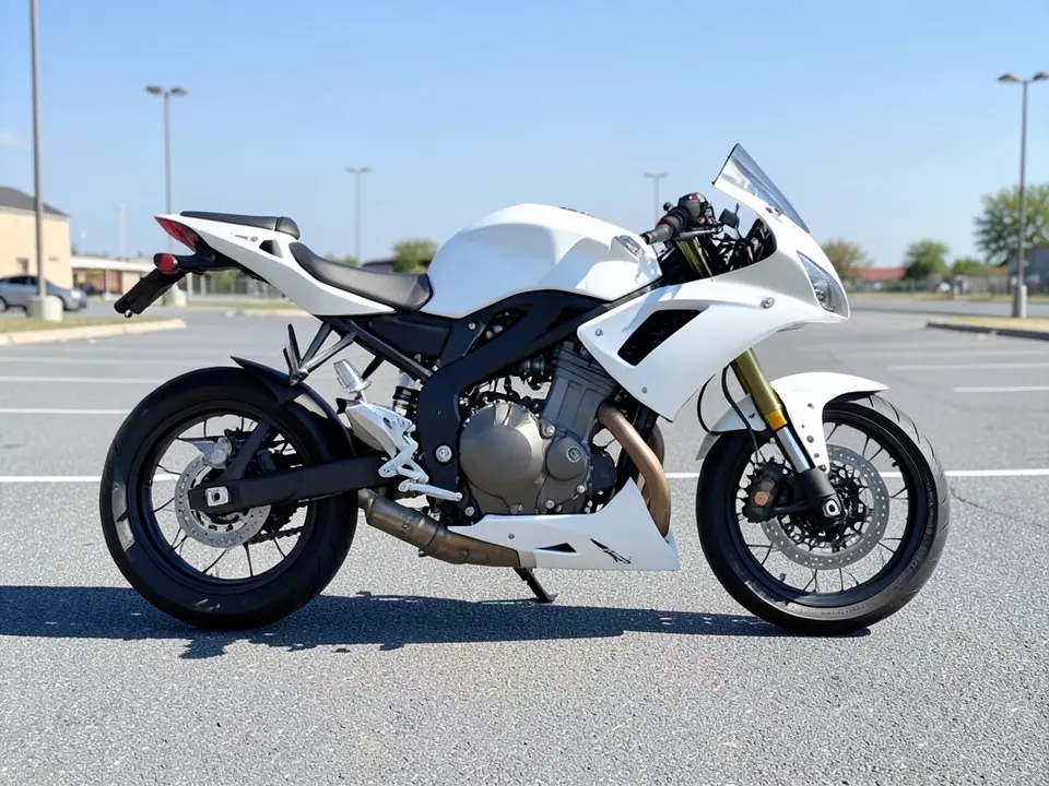 AI-drawn sample: a plain white sport bike with a black frame parked in an empty parking lot, seen from the side