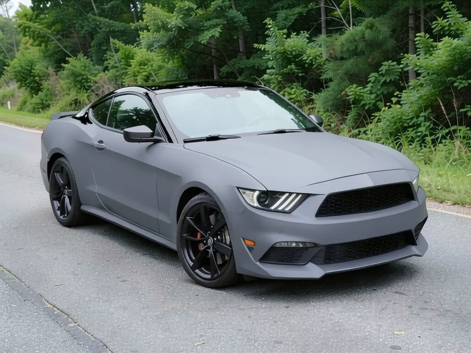 AI-generated sample: the same coupe in a flat matte gray wrap with a gloss black roof and black windshield and rear roof pillars
