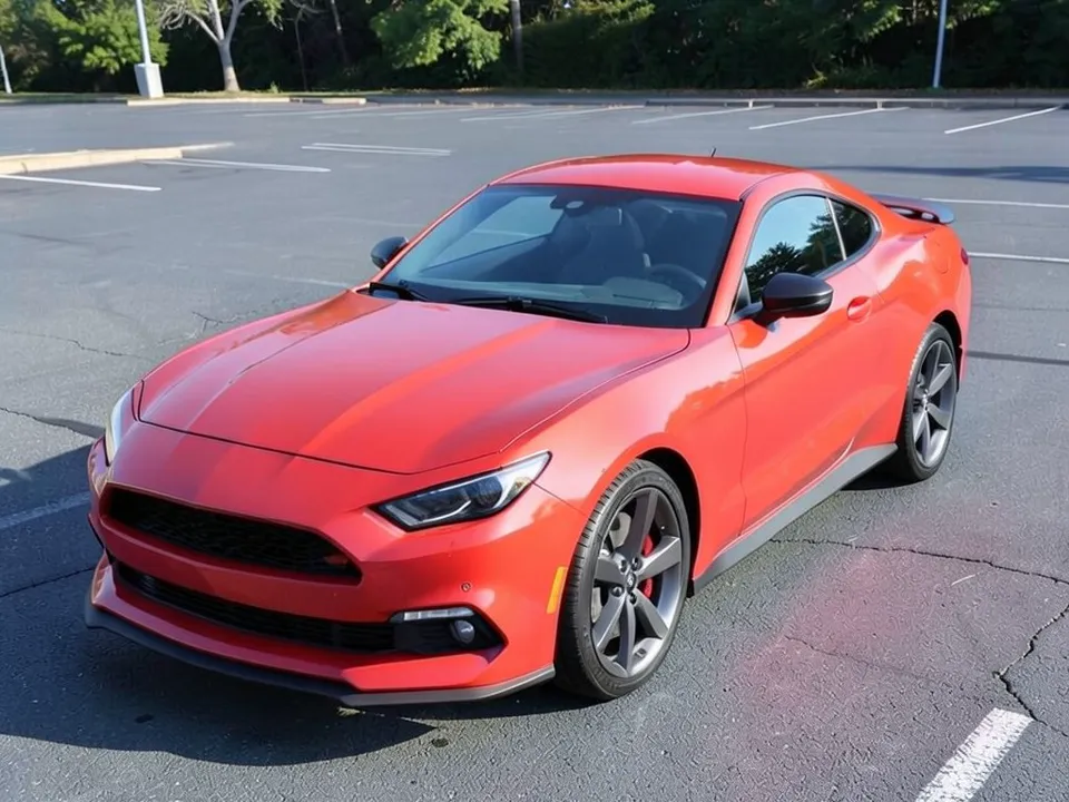 AI-generated sample: a red generic sporty fastback coupe stand-in with gray wheels parked in an empty parking lot