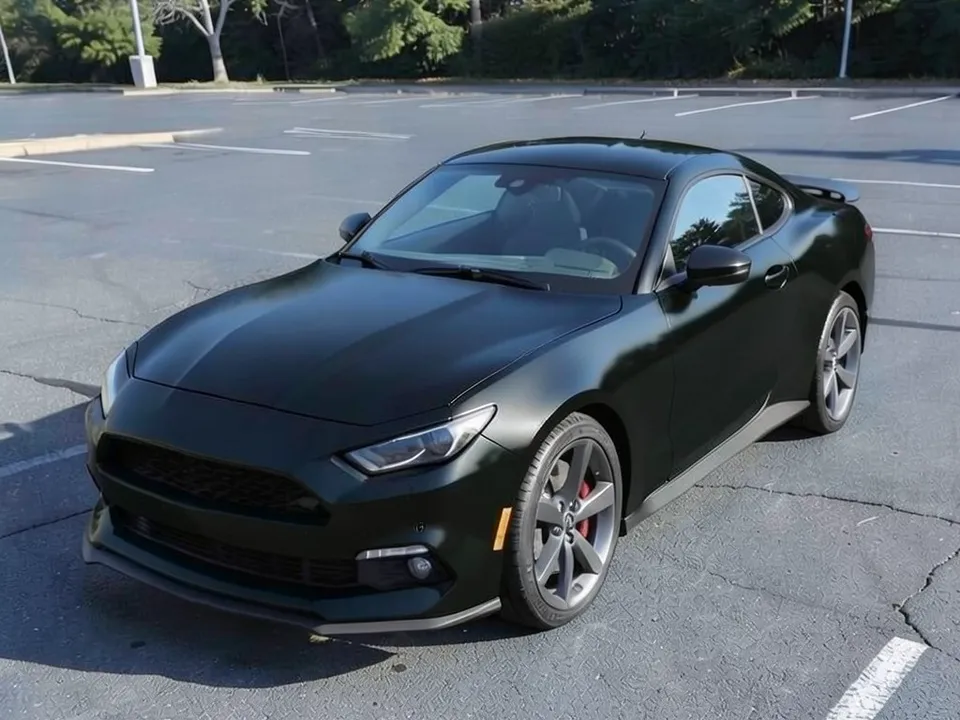 AI-generated sample: the same coupe in a satin black wrap with a slight green cast, gray wheels and red brake calipers kept