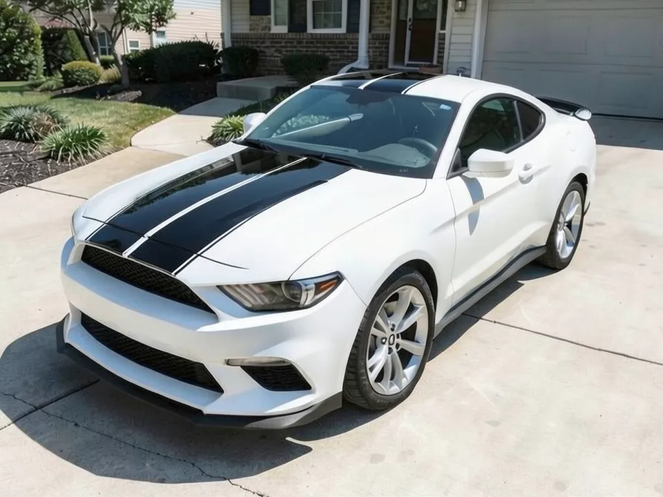 AI-generated sample: a white coupe with black racing stripes