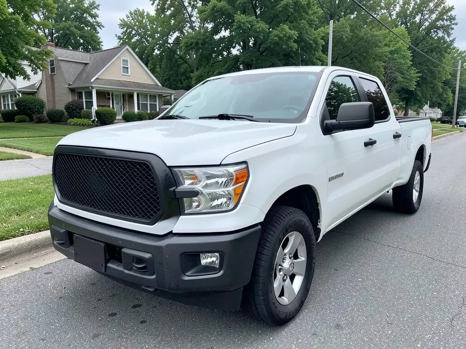 AI-drawn sample: a white crew cab pickup truck seen from the front left corner, parked on a suburban street with houses and trees behind