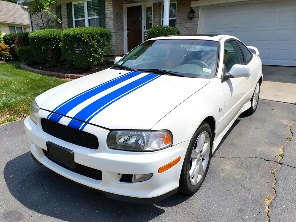 AI-drawn sample: the same white coupe with two wide blue stripes on the hood
