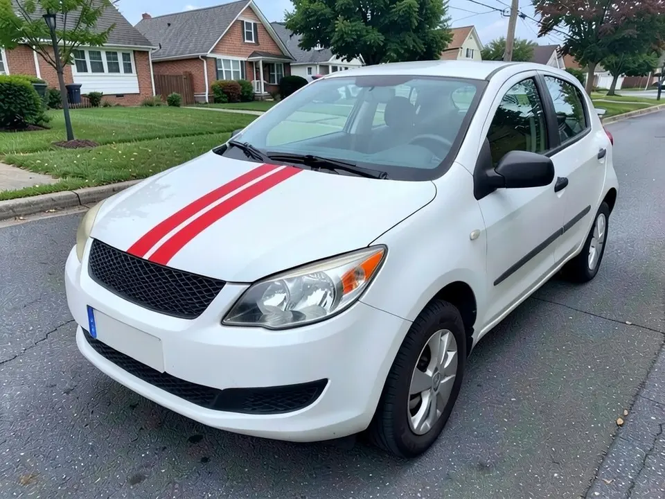 AI-drawn sample: the same white hatchback with two red stripes on the hood