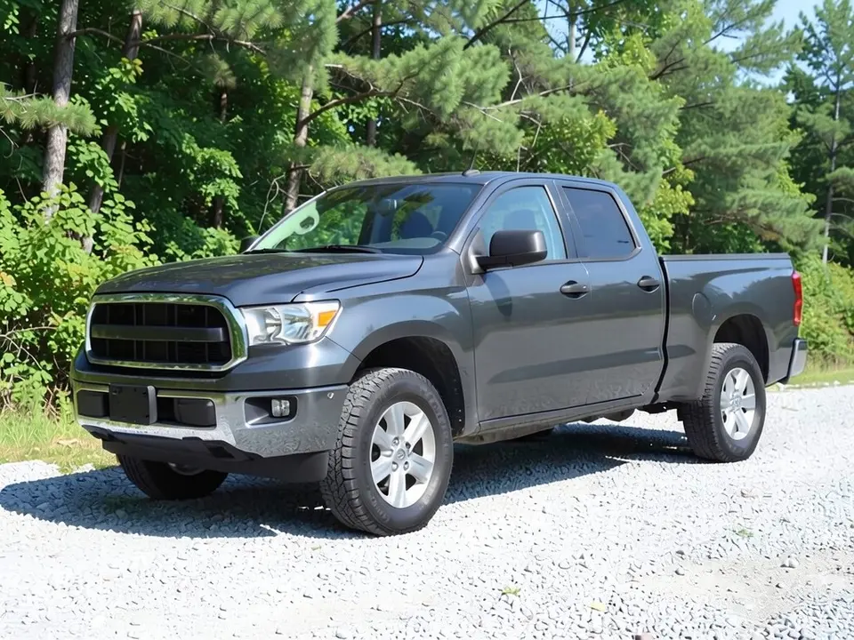 AI-drawn sample: a dark gray generic full-size pickup stand-in, crew cab, on silver wheels parked on white gravel in front of pine trees
