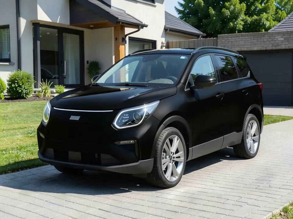 AI-generated sample: the same SUV in black, matte on the doors and sides, with silver wheels and the house and driveway unchanged