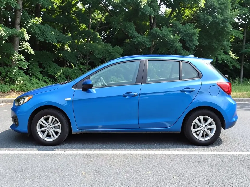 AI-drawn sample: a blue generic five-door hatchback stand-in, side-on, with a blue roof, parked in a parking lot in front of trees