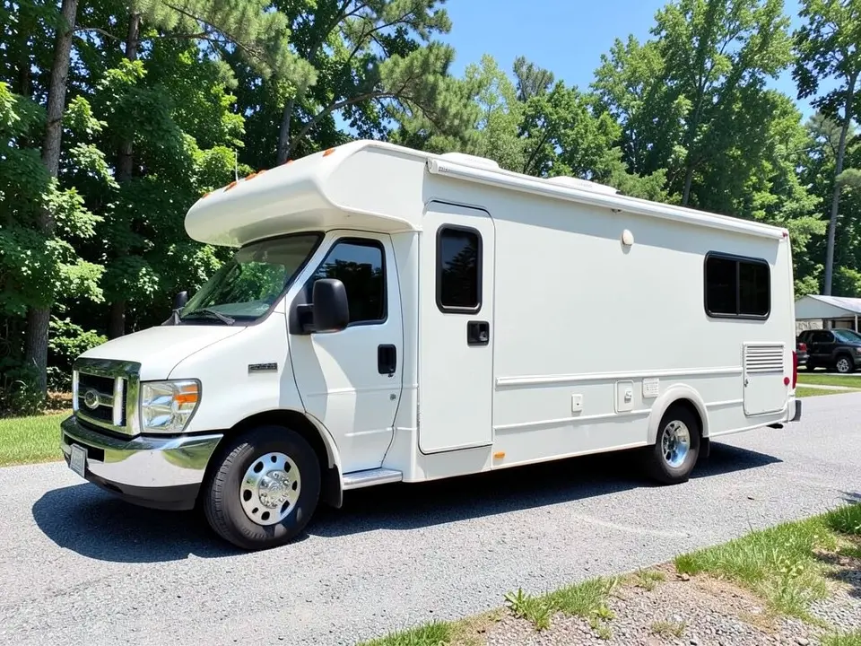 AI-drawn sample: a plain white Class C style motorhome parked on a road at a campground, seen from the front left