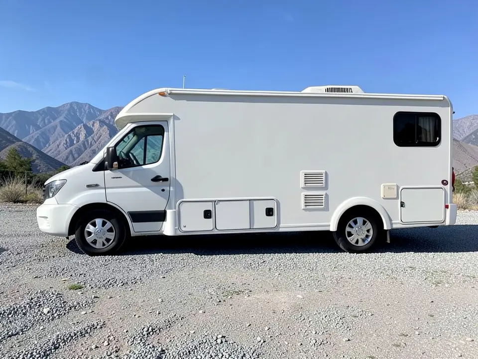 AI-drawn sample: a plain white van-based motorhome seen from the side on a gravel lot with mountains behind