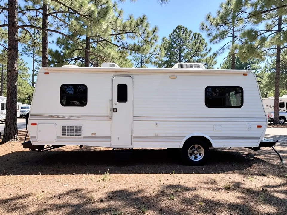 AI-drawn sample: a plain white travel trailer parked at a campsite among pine trees, seen from the side