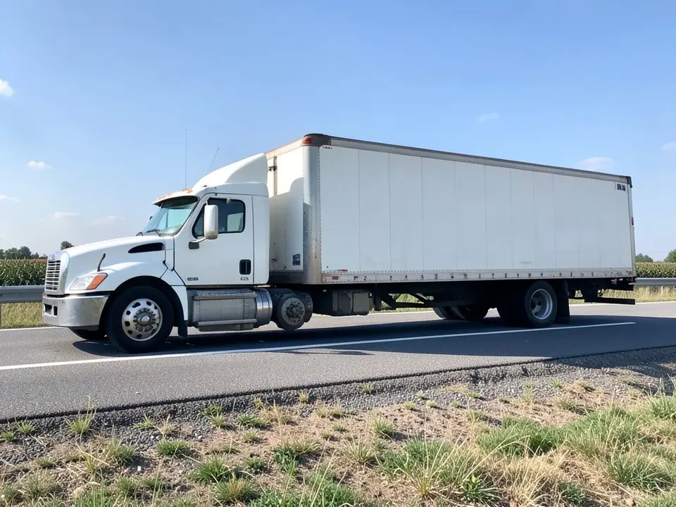 AI-drawn sample: a plain white day cab tractor pulling a short plain white trailer on a highway, seen from the side